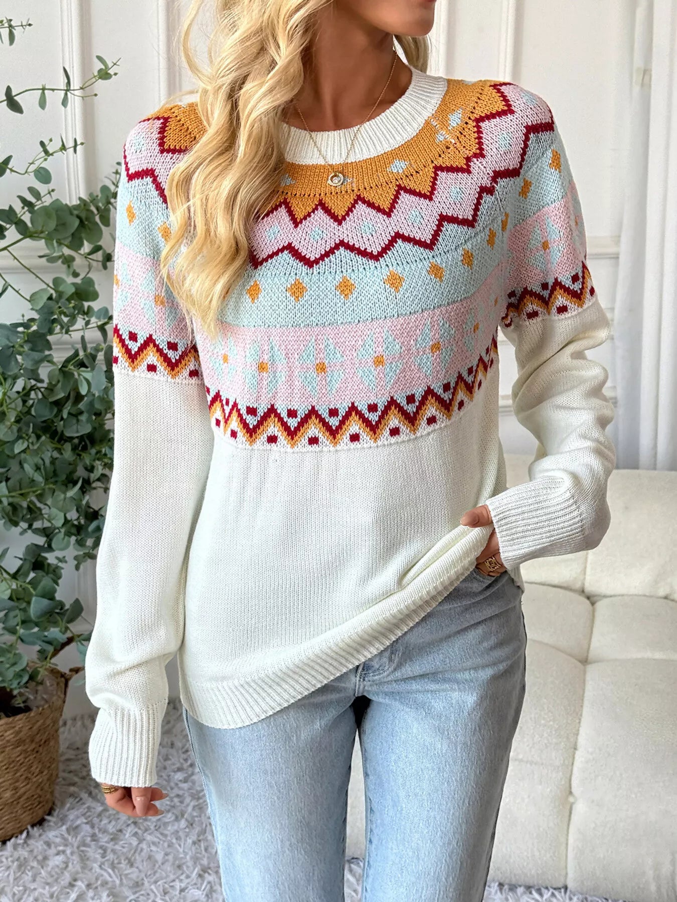 Cream Fair Isle sweater with colorful knit pattern in mustard, burgundy, and blush tones