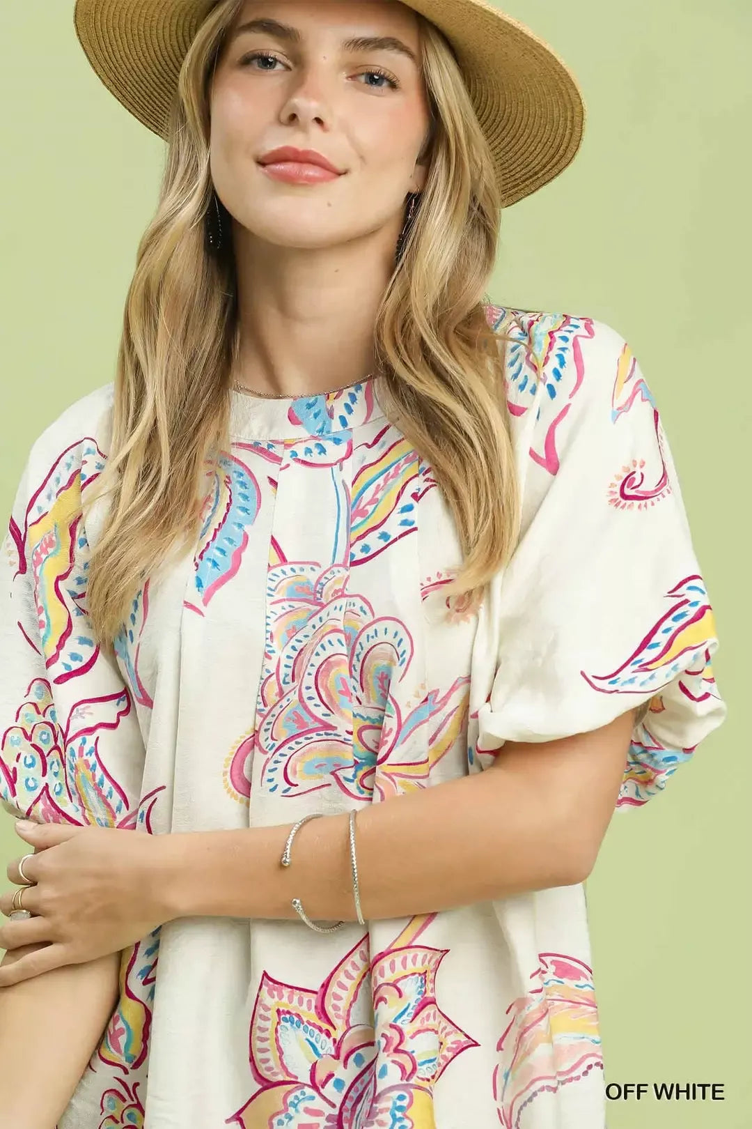 oversized boho paisley tunic top with pastel floral print and relaxed flowy silhouette