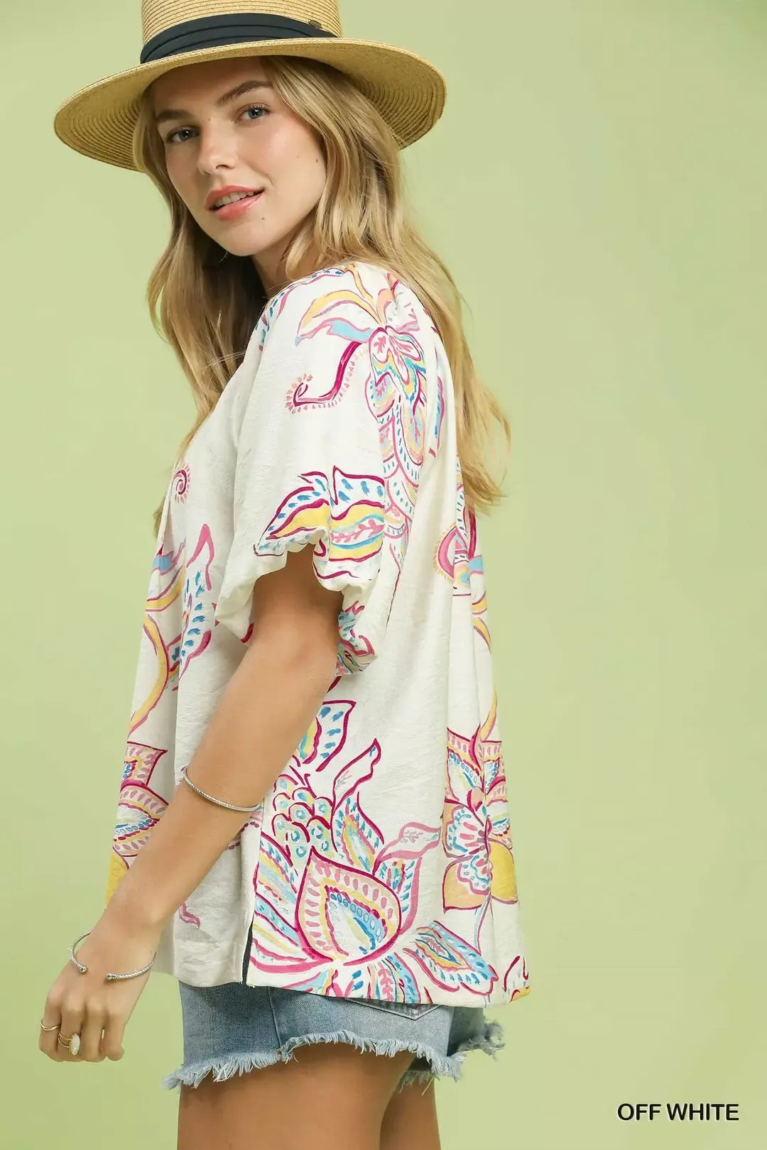 oversized boho paisley tunic top with pastel floral print and relaxed flowy silhouette