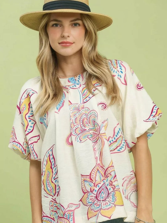 oversized boho paisley tunic top with pastel floral print and relaxed flowy silhouette