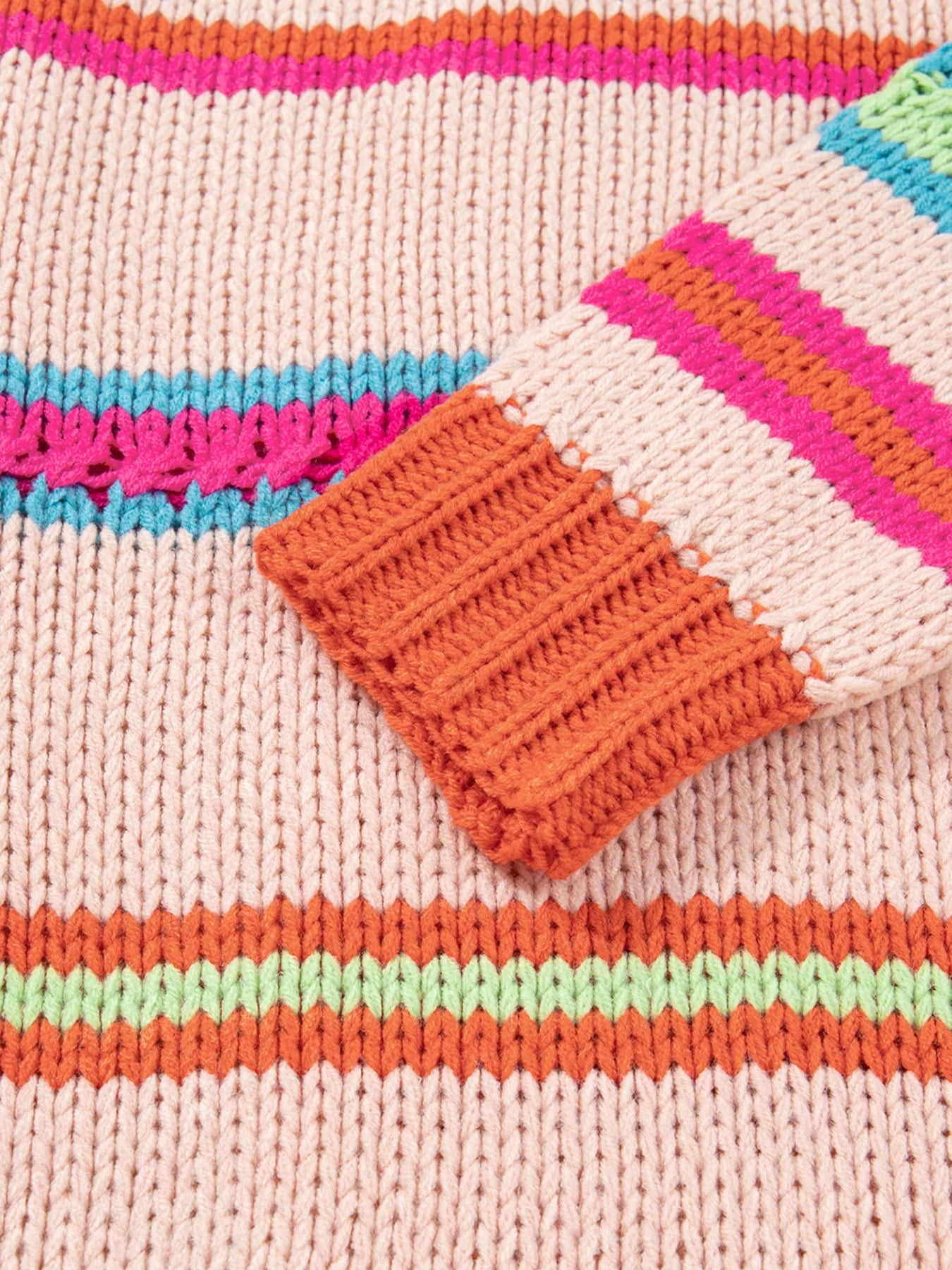 Multicolor striped knit cardigan with ribbed cuffs styled over a white tank and jeans