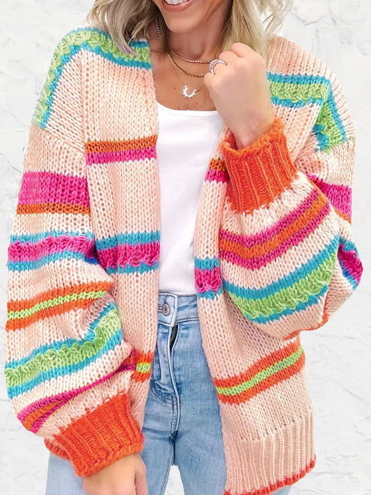 Multicolor striped knit cardigan with ribbed cuffs styled over a white tank and jeans