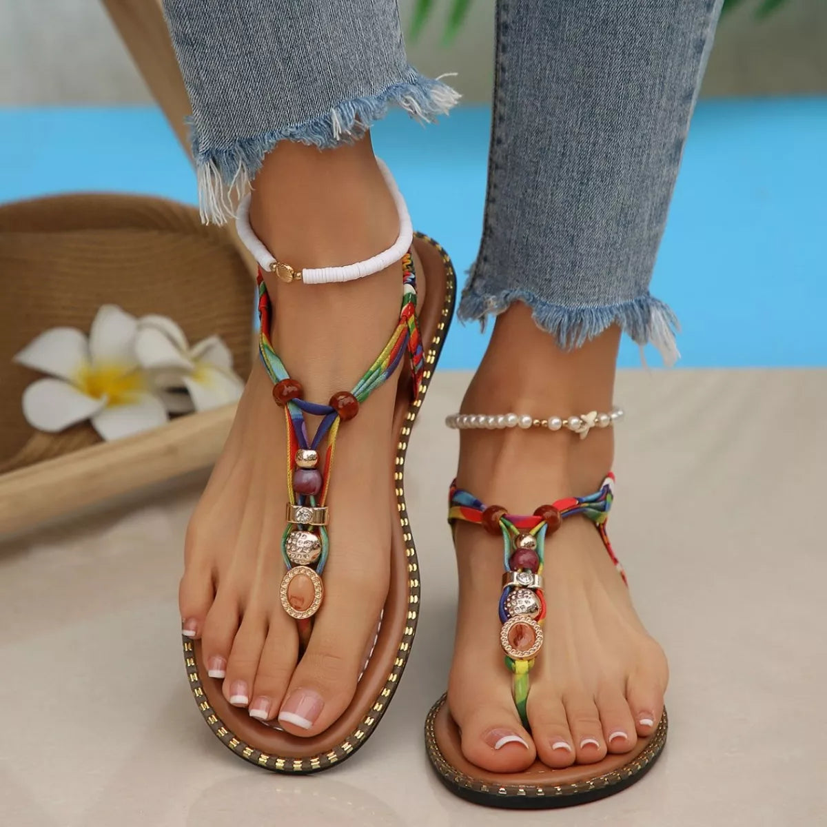colorful woven boho sandals with bead accents and flat sole