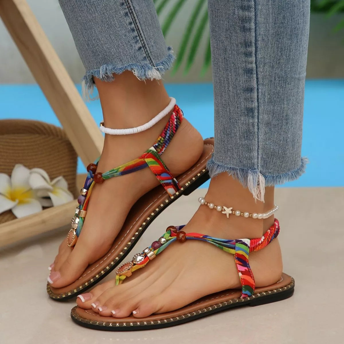 colorful woven boho sandals with bead accents and flat sole