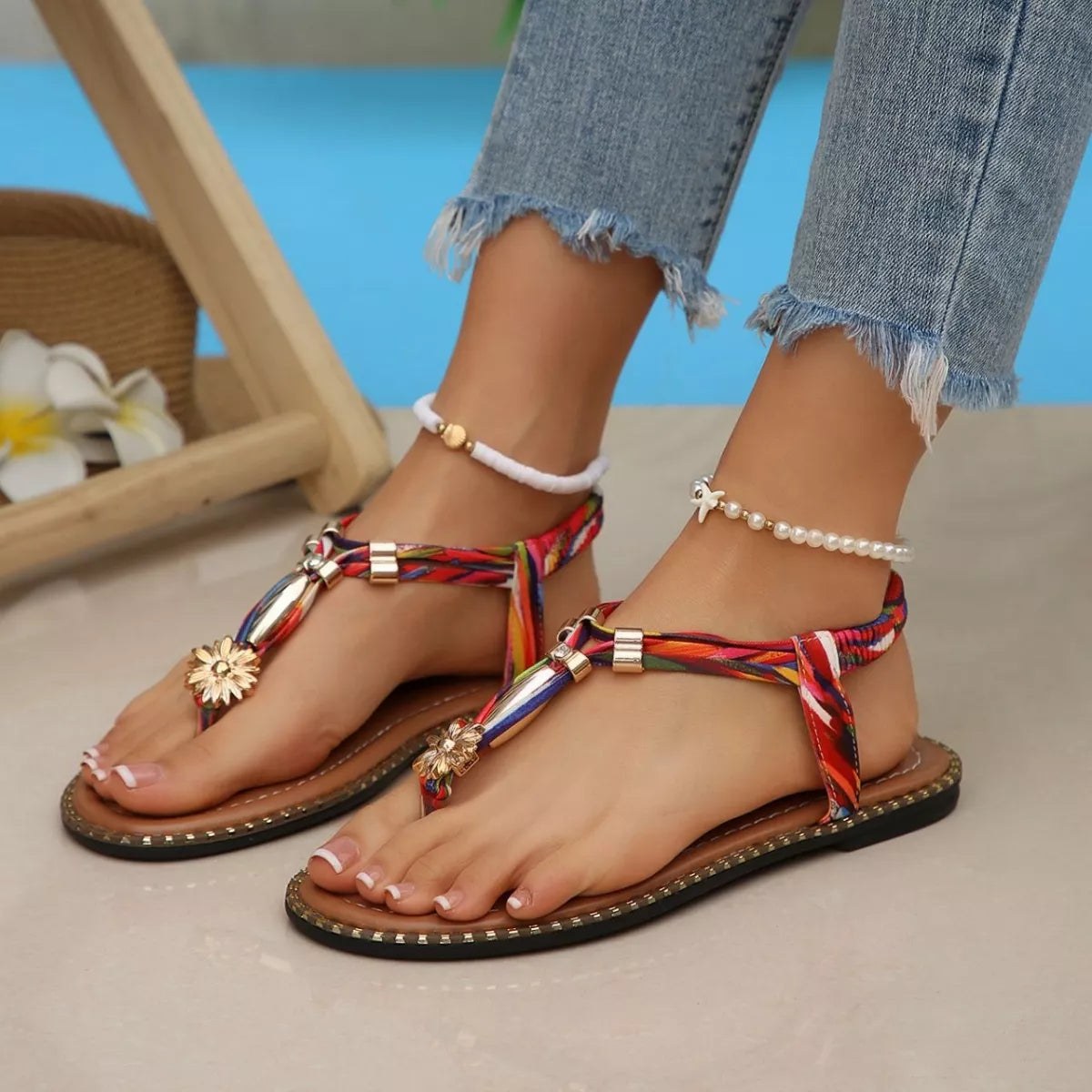 colorful woven boho sandals with bead accents and flat sole