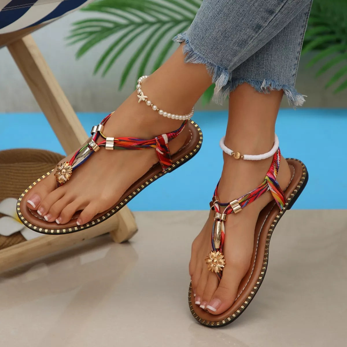 colorful woven boho sandals with bead accents and flat sole
