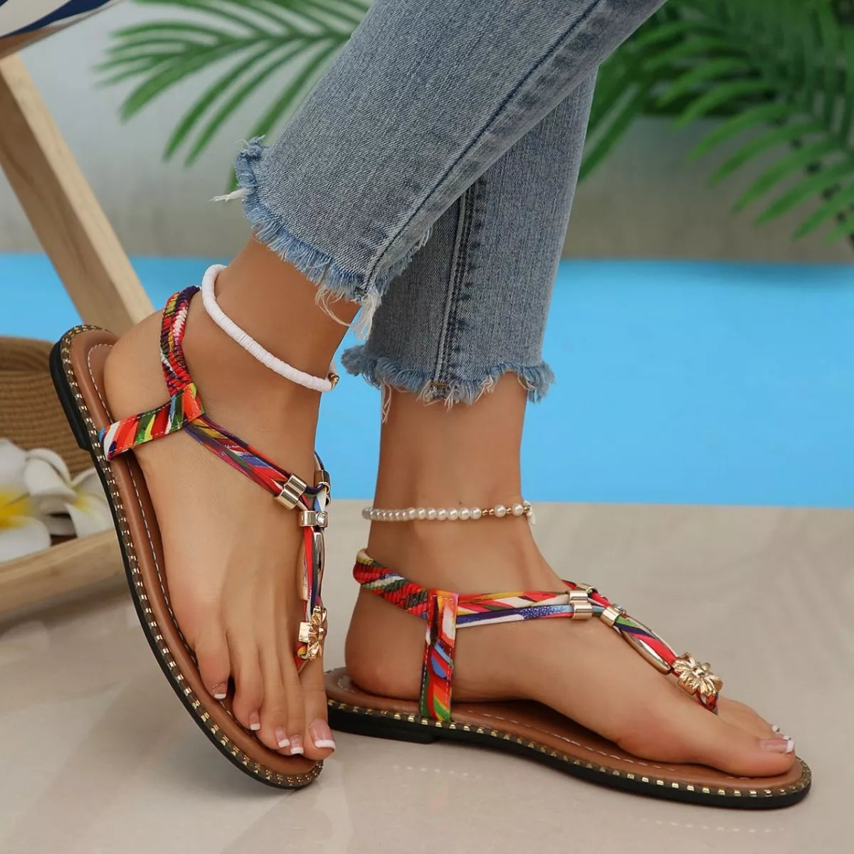 colorful woven boho sandals with bead accents and flat sole