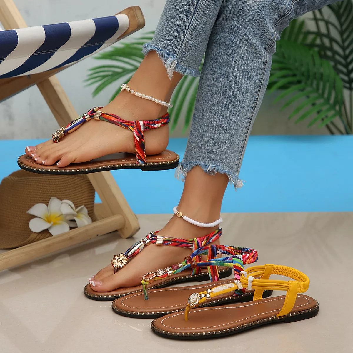 colorful woven boho sandals with bead accents and flat sole