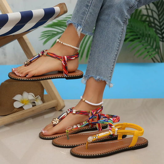 colorful woven boho sandals with bead accents and flat sole