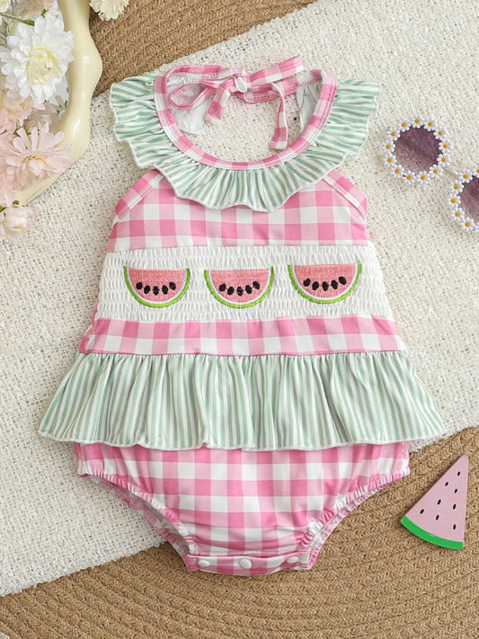 Baby romper with smocked fruit embroidery and gingham pattern