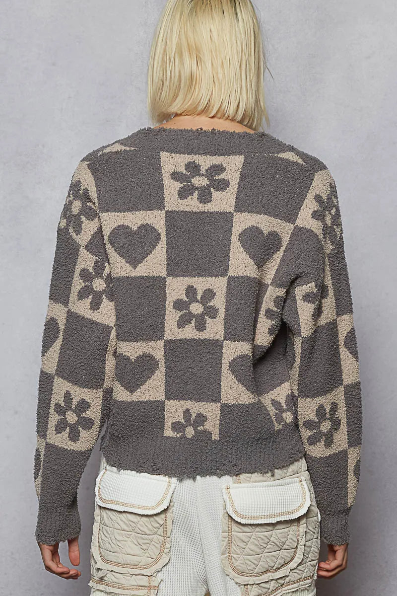 V-neck sweater with heart and checkered pattern – Sweetheart Check style from A Whimsical Affair.