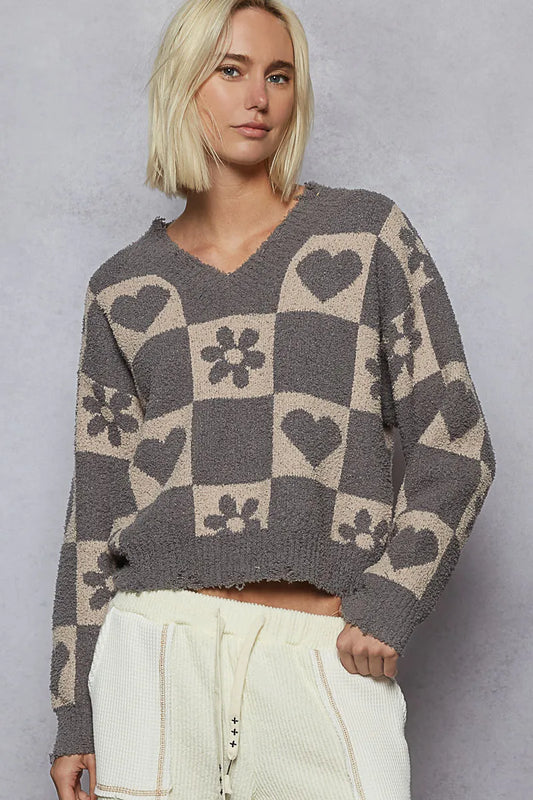 V-neck sweater with heart and checkered pattern – Sweetheart Check style from A Whimsical Affair.