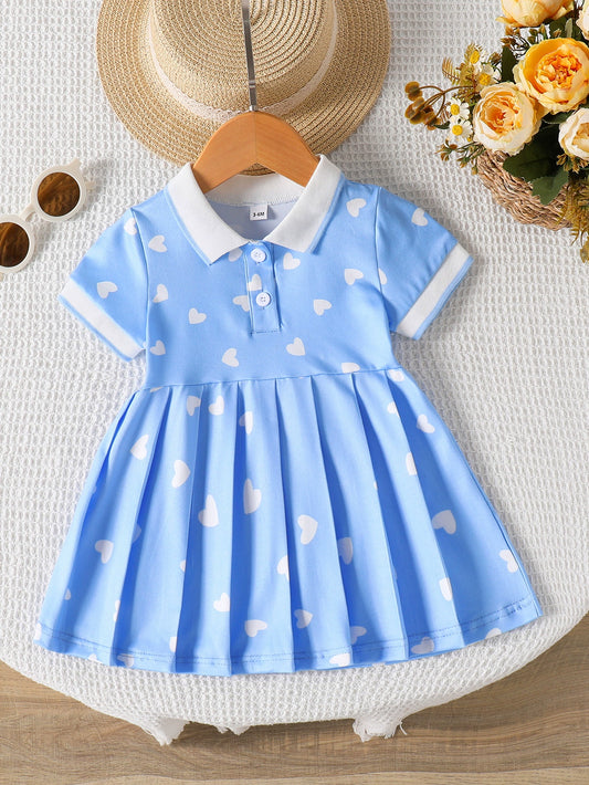 Blue girls dress with white heart print and polo collar