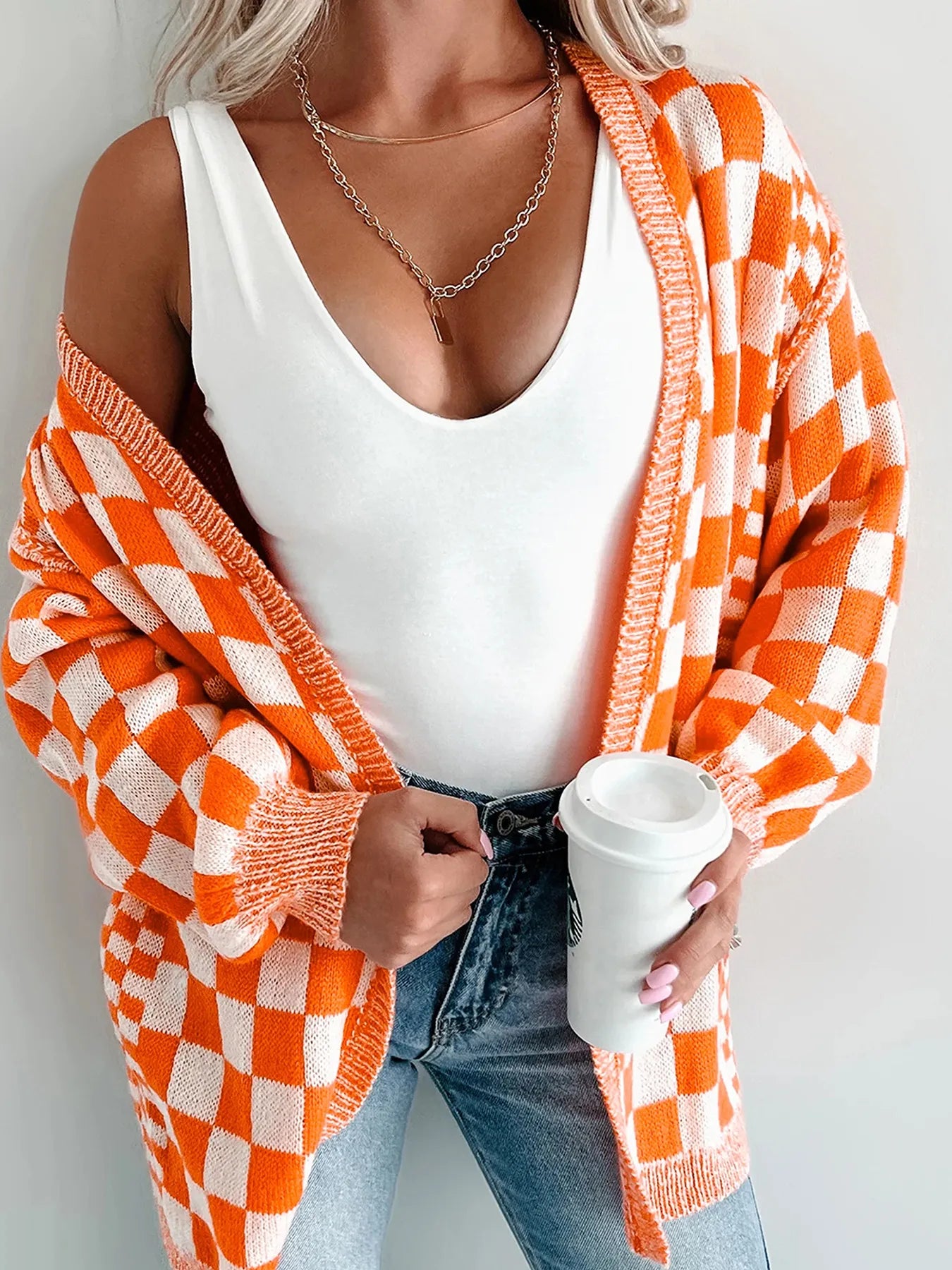 Tangerine checkered open front cardigan
