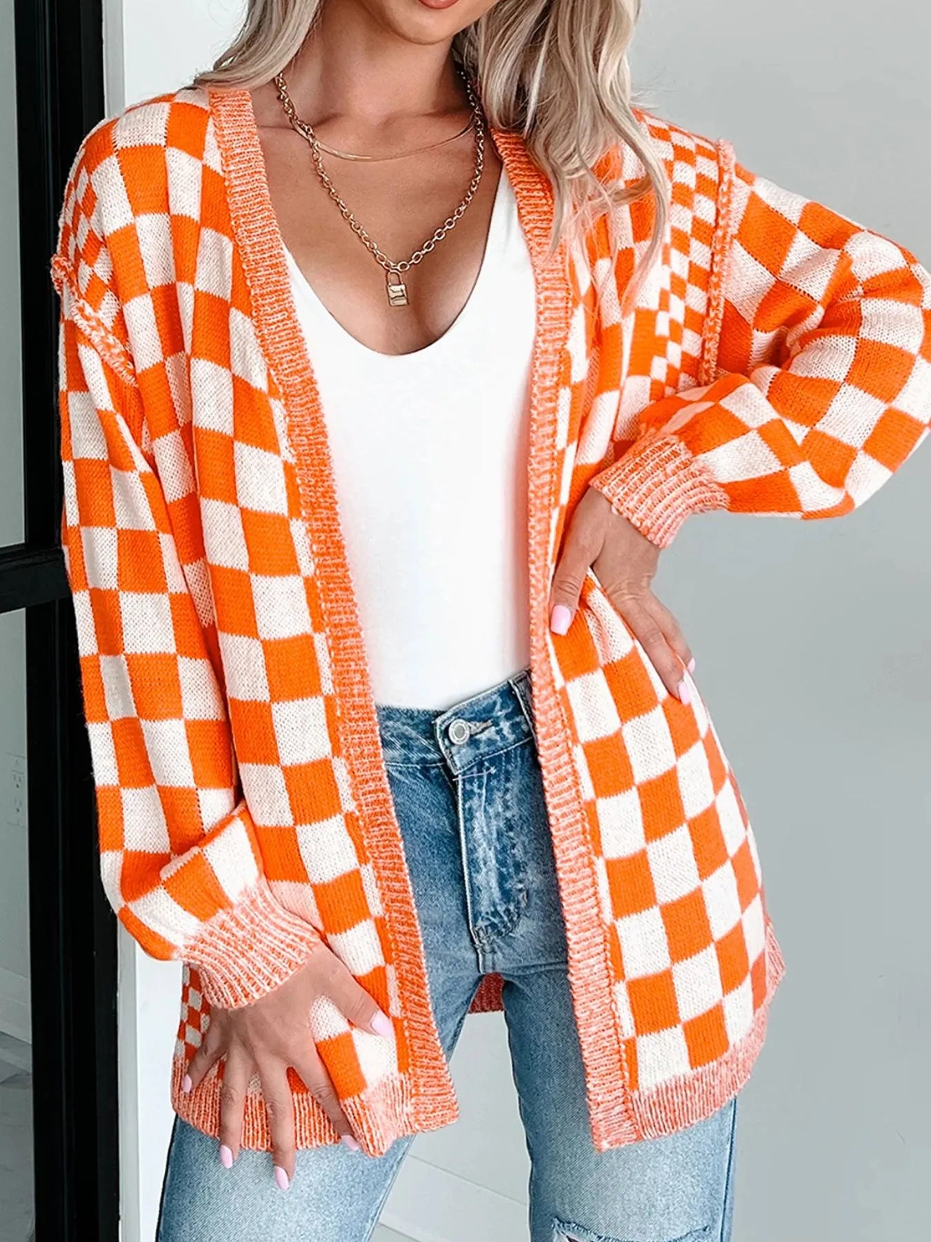 Tangerine checkered open front cardigan