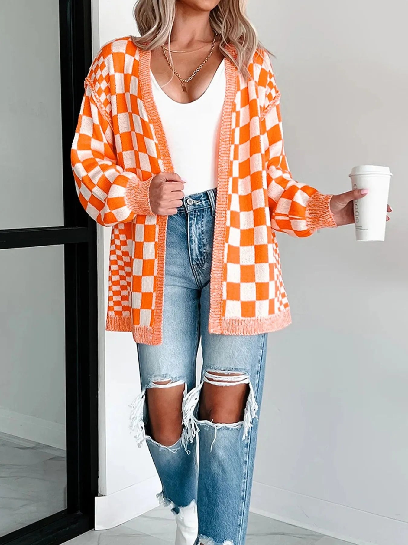 Tangerine checkered open front cardigan
