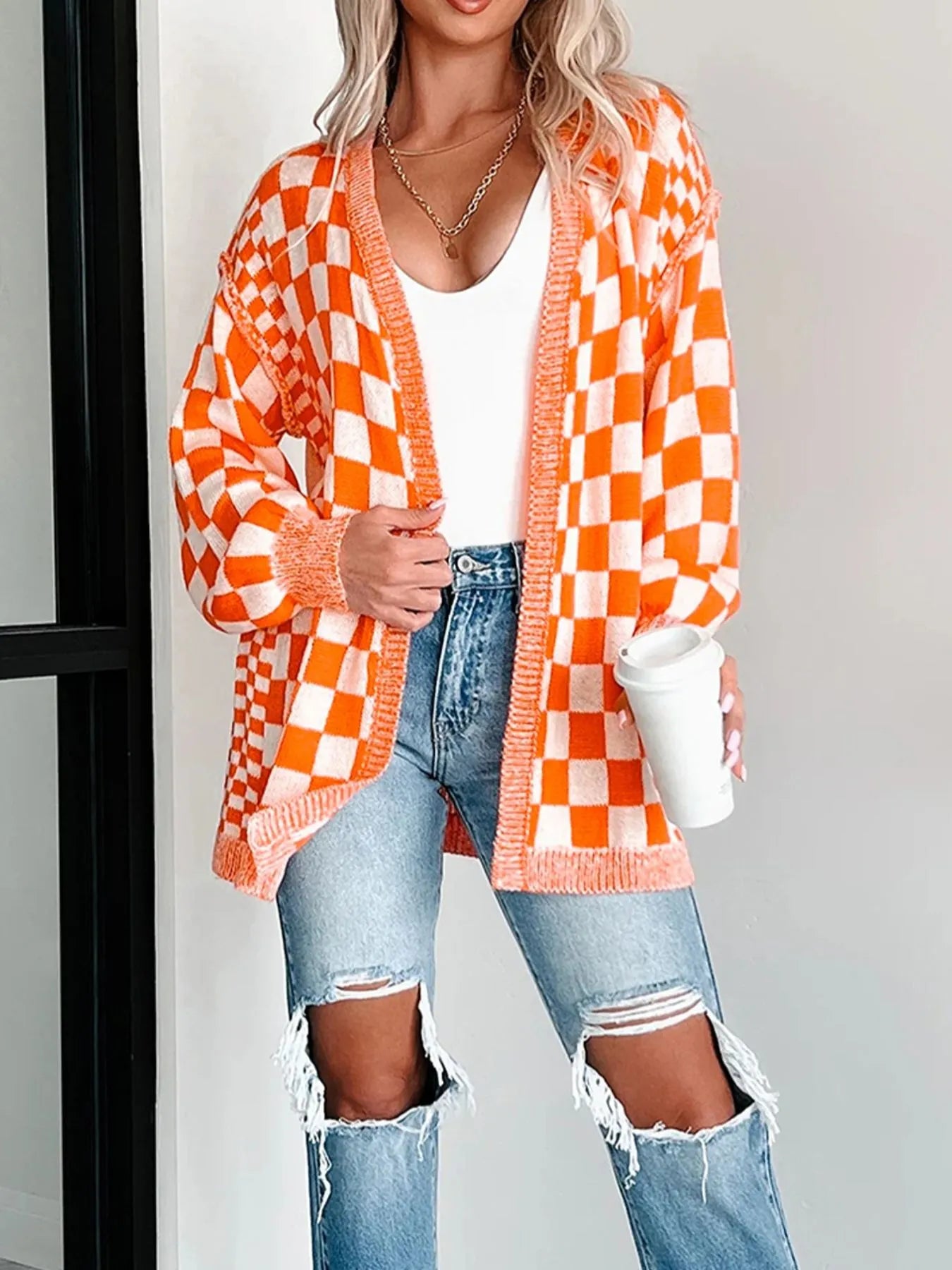 Tangerine checkered open front cardigan