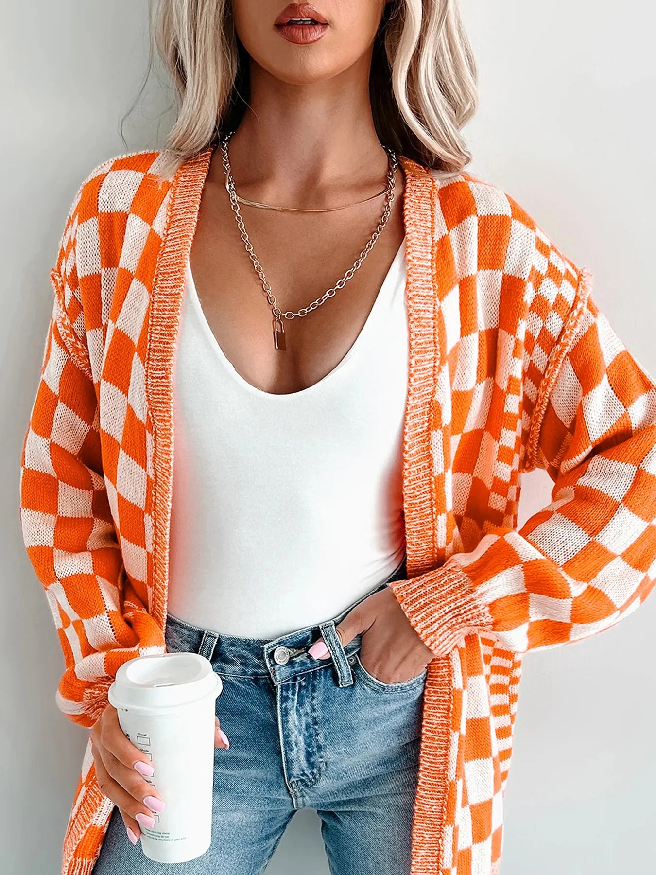 Tangerine checkered open front cardigan