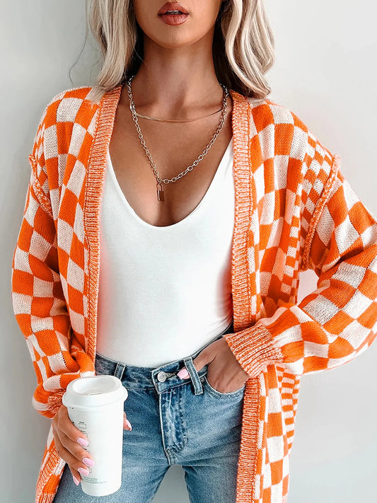 Tangerine checkered open front cardigan