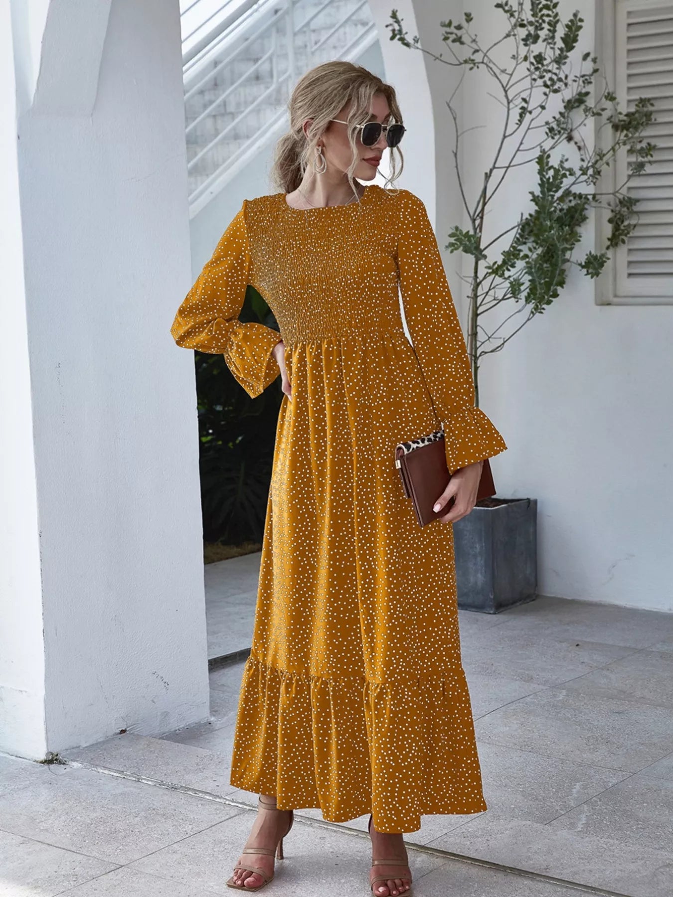 Tangerine dress with ruffled hem and flounce sleeves – Tangerine Glow style from A Whimsical Affair.