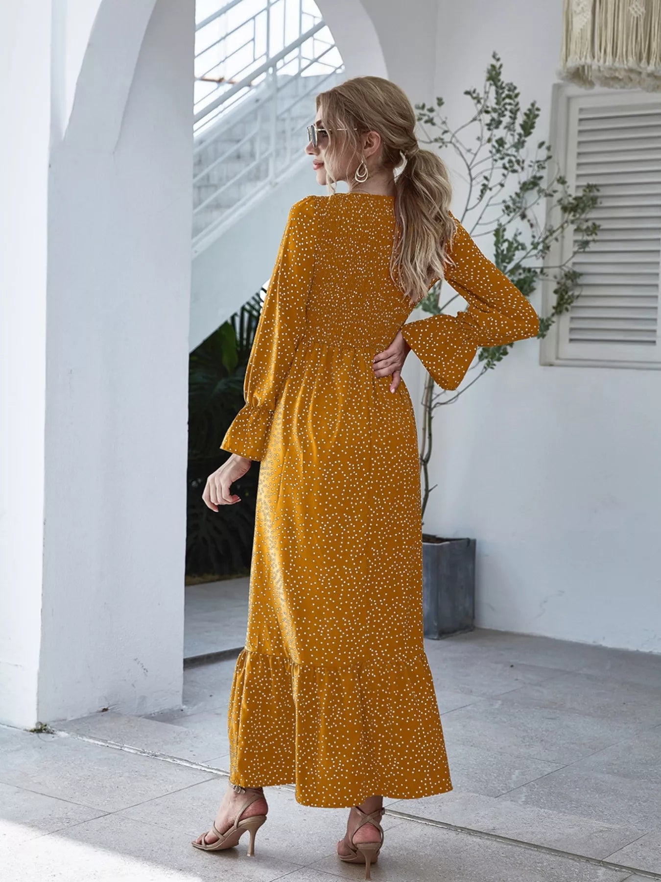 Tangerine dress with ruffled hem and flounce sleeves – Tangerine Glow style from A Whimsical Affair.