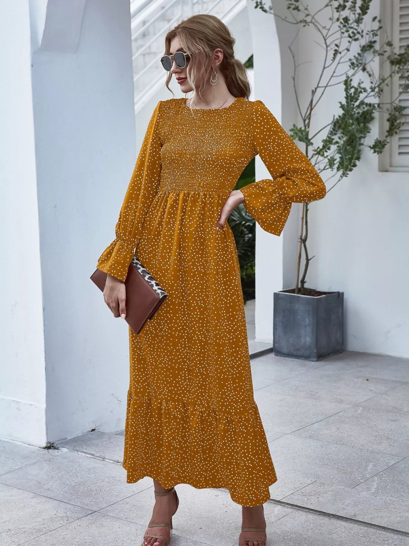Tangerine dress with ruffled hem and flounce sleeves – Tangerine Glow style from A Whimsical Affair.