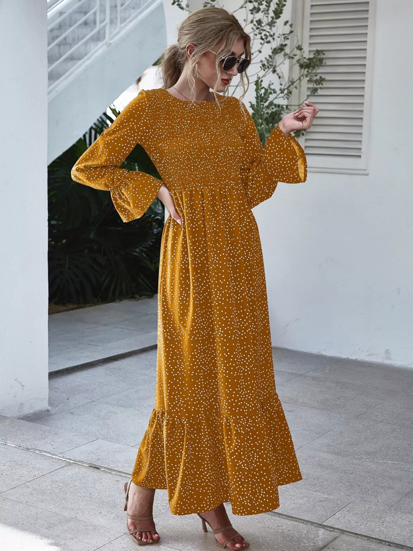 Tangerine dress with ruffled hem and flounce sleeves – Tangerine Glow style from A Whimsical Affair.