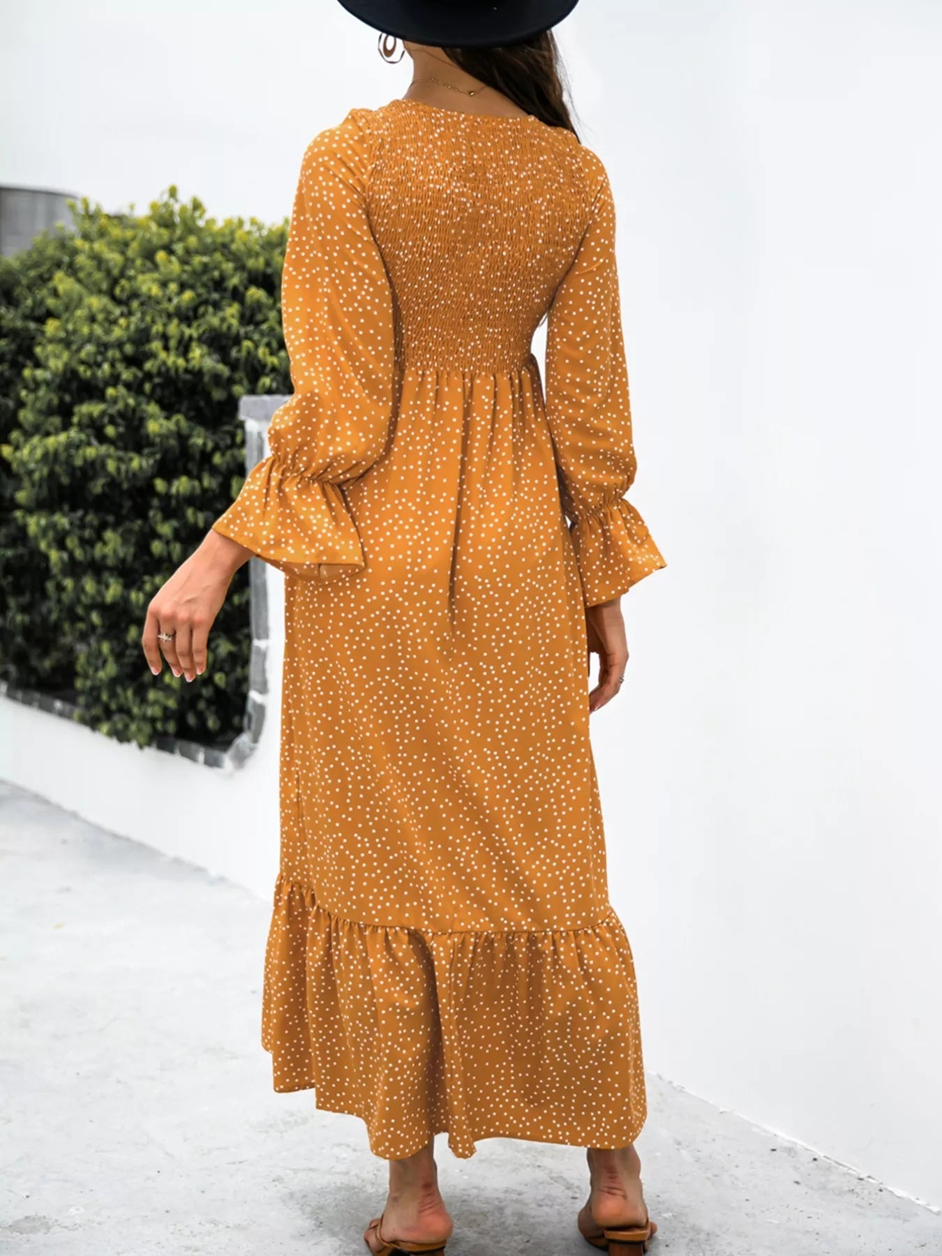 Tangerine dress with ruffled hem and flounce sleeves – Tangerine Glow style from A Whimsical Affair.