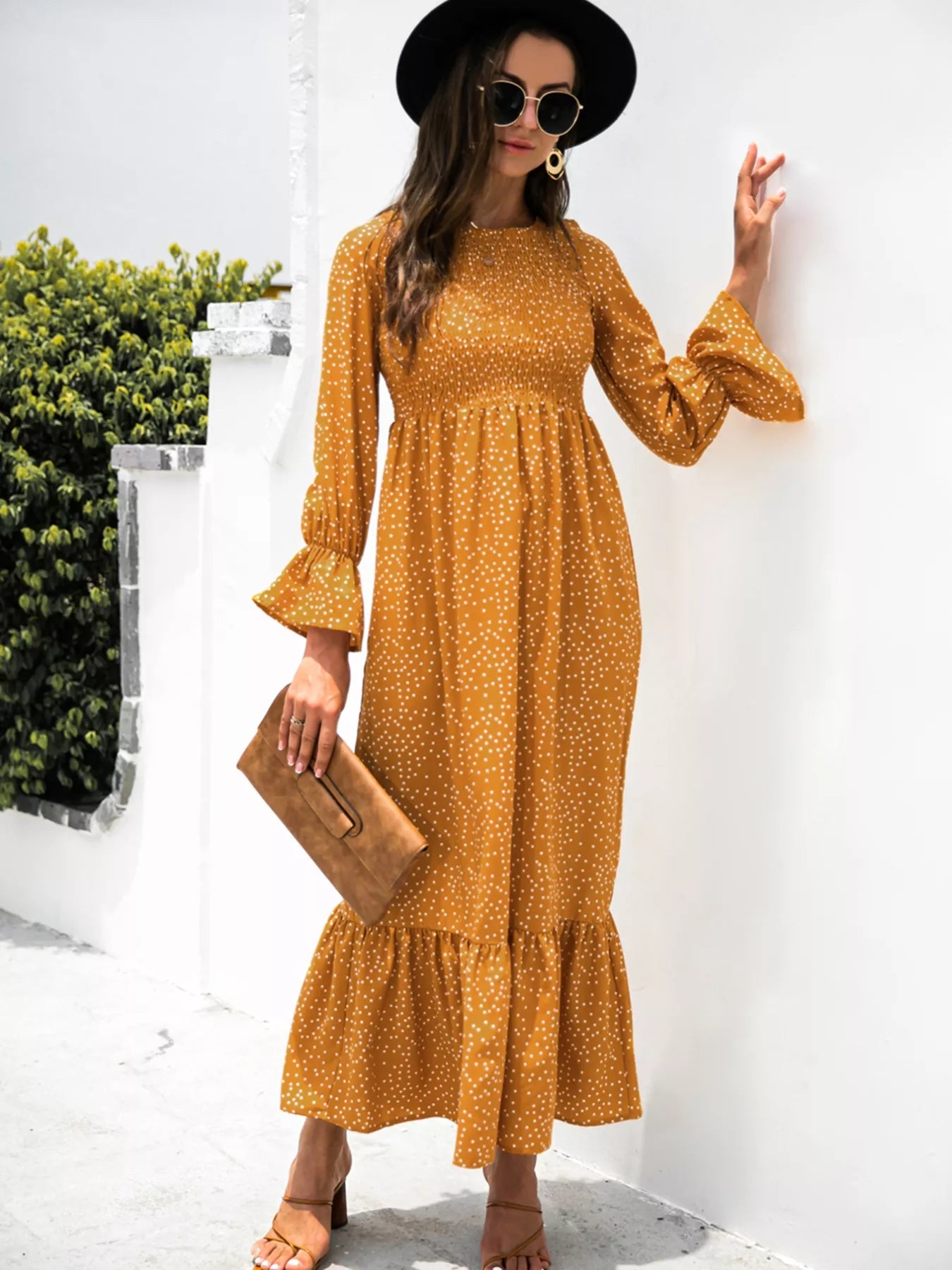 Tangerine dress with ruffled hem and flounce sleeves – Tangerine Glow style from A Whimsical Affair.