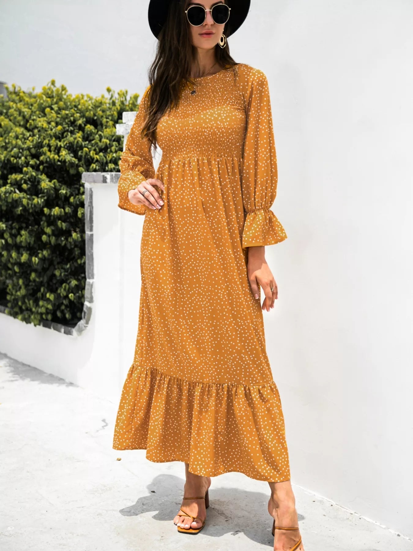 Tangerine dress with ruffled hem and flounce sleeves – Tangerine Glow style from A Whimsical Affair.
