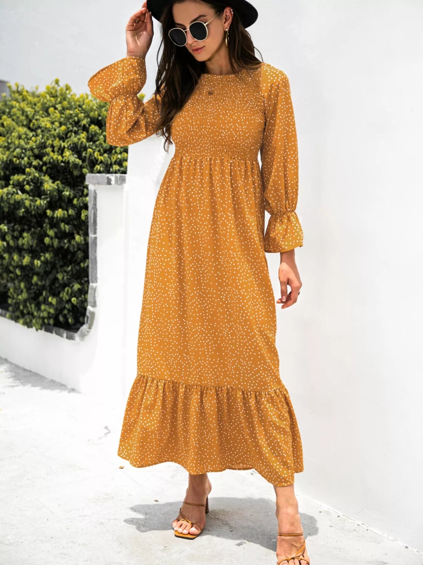 Tangerine dress with ruffled hem and flounce sleeves – Tangerine Glow style from A Whimsical Affair.
