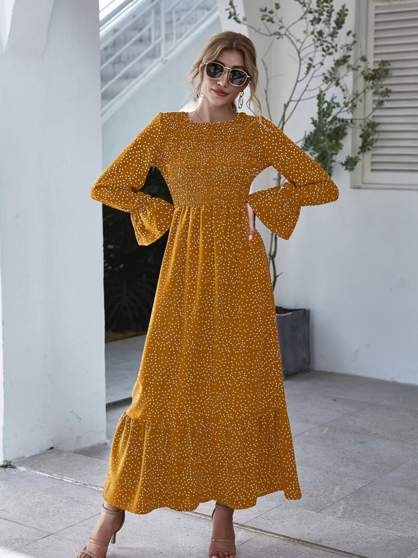 Tangerine dress with ruffled hem and flounce sleeves – Tangerine Glow style from A Whimsical Affair.