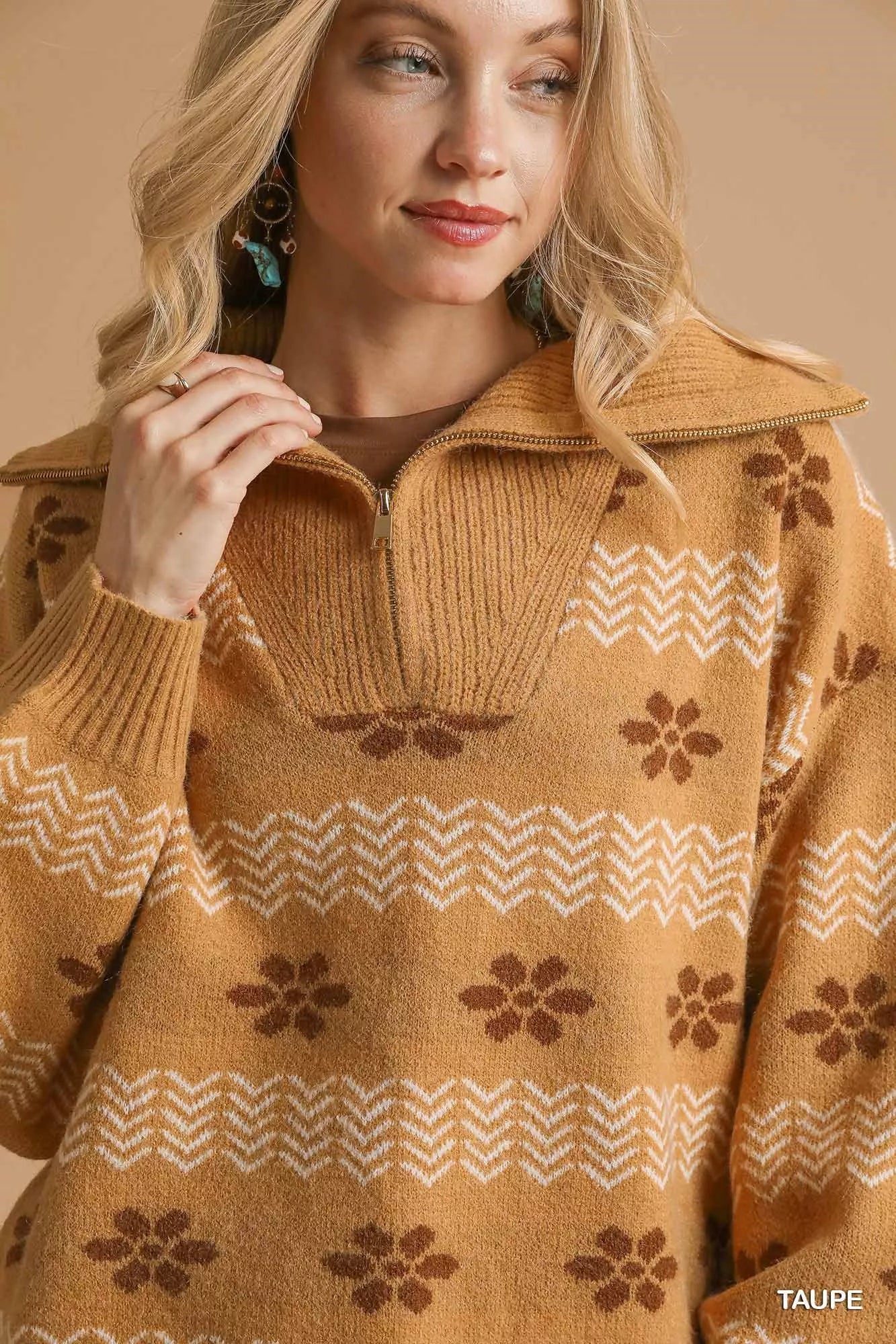 Model wearing a taupe floral jacquard quarter-zip sweater with ribbed cuffs and hem, styled in a soft neutral palette for a cozy vintage look.