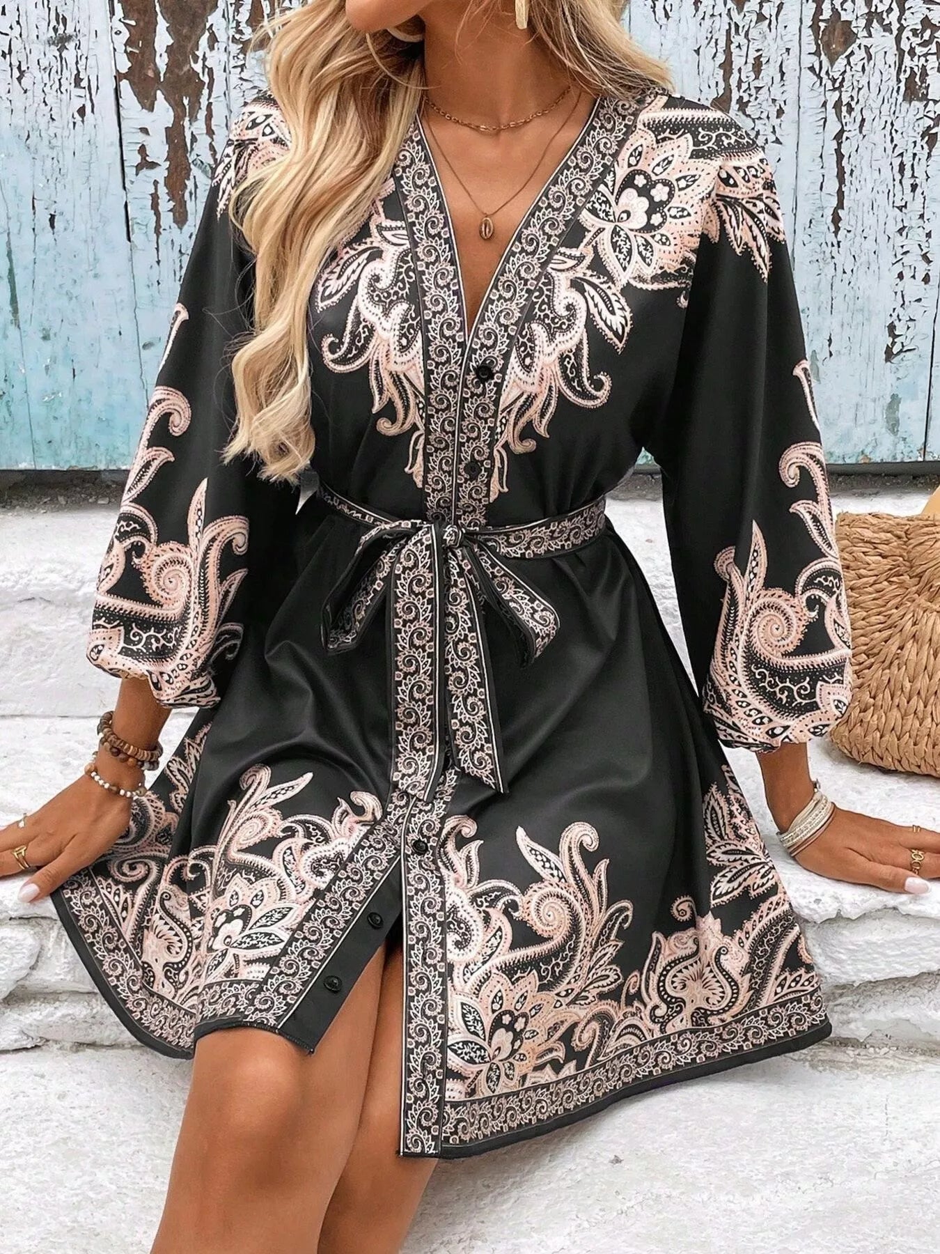 Model wearing black printed balloon sleeve Timeless Grace Mini Dress