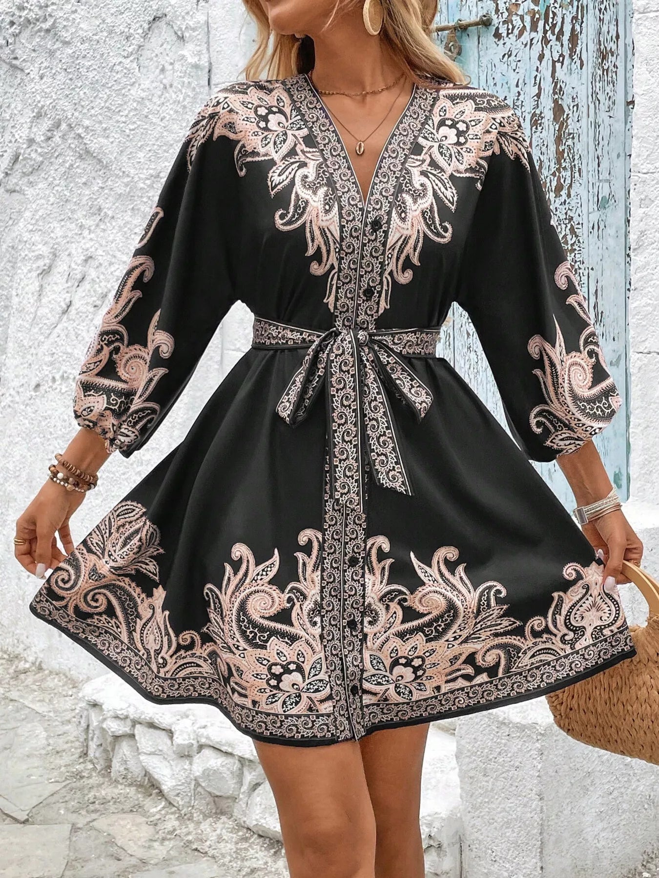 Model wearing black printed balloon sleeve Timeless Grace Mini Dress