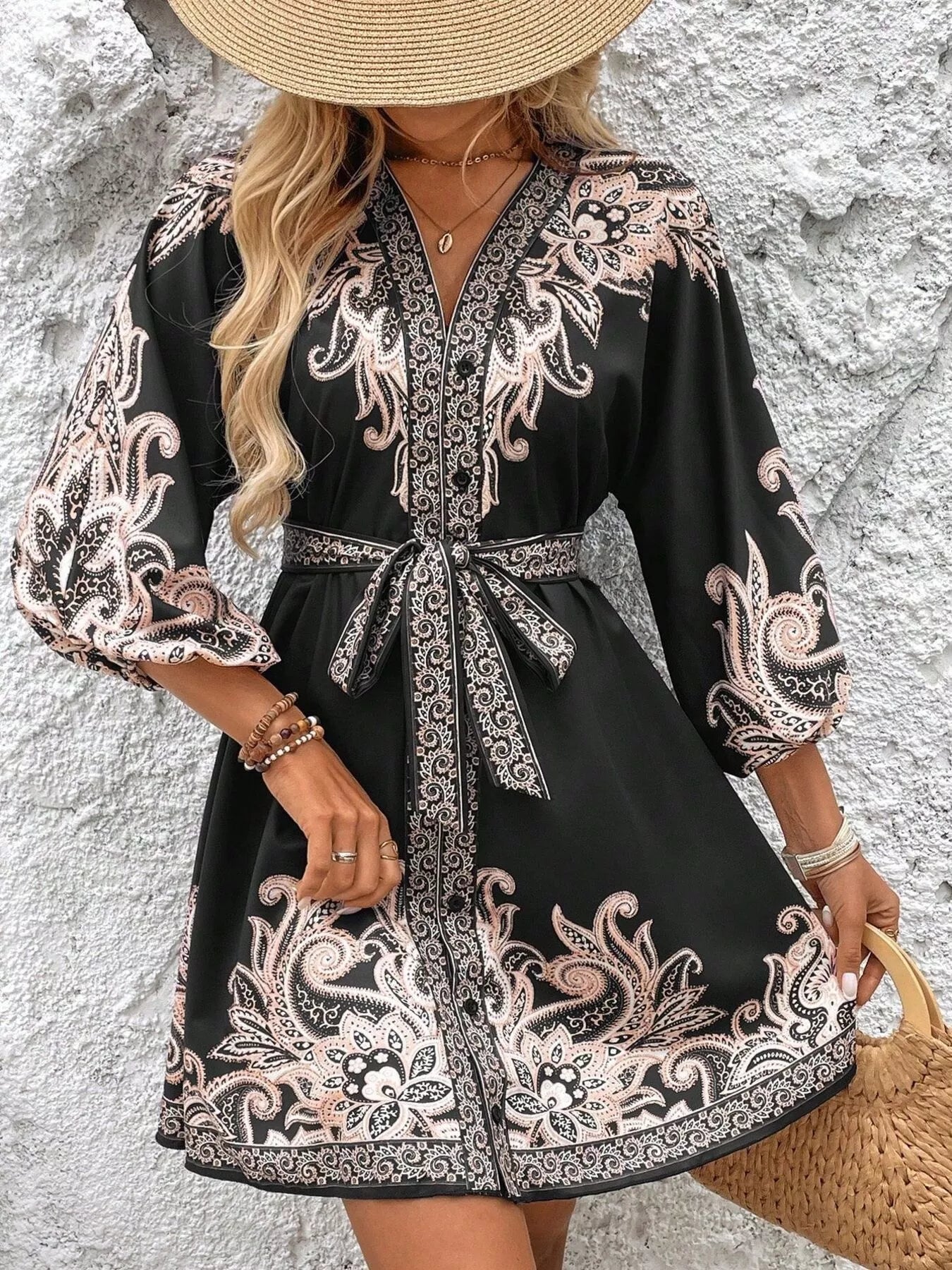 Model wearing black printed balloon sleeve Timeless Grace Mini Dress