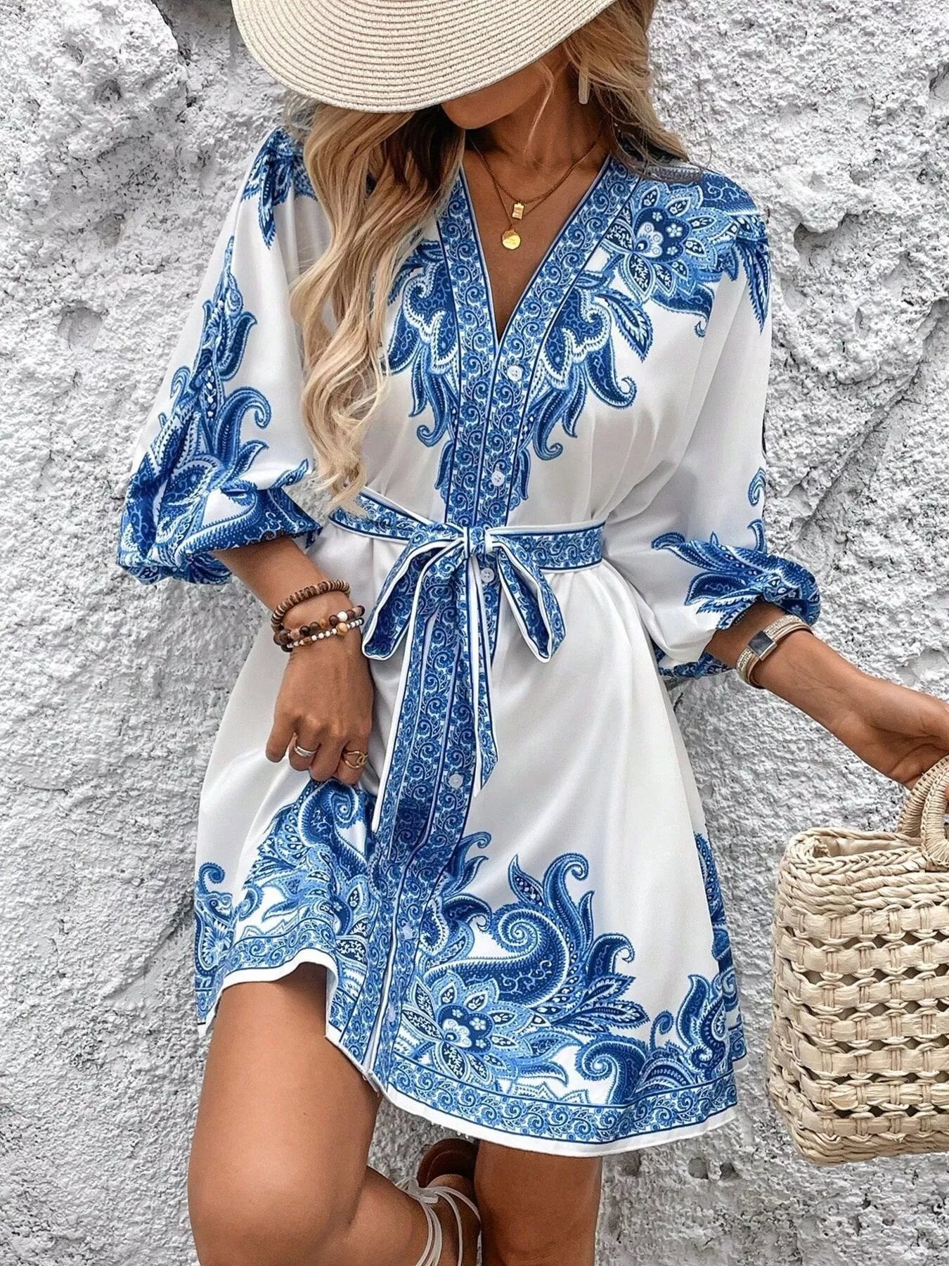 Model wearing blue printed balloon sleeve Timeless Grace Mini Dress