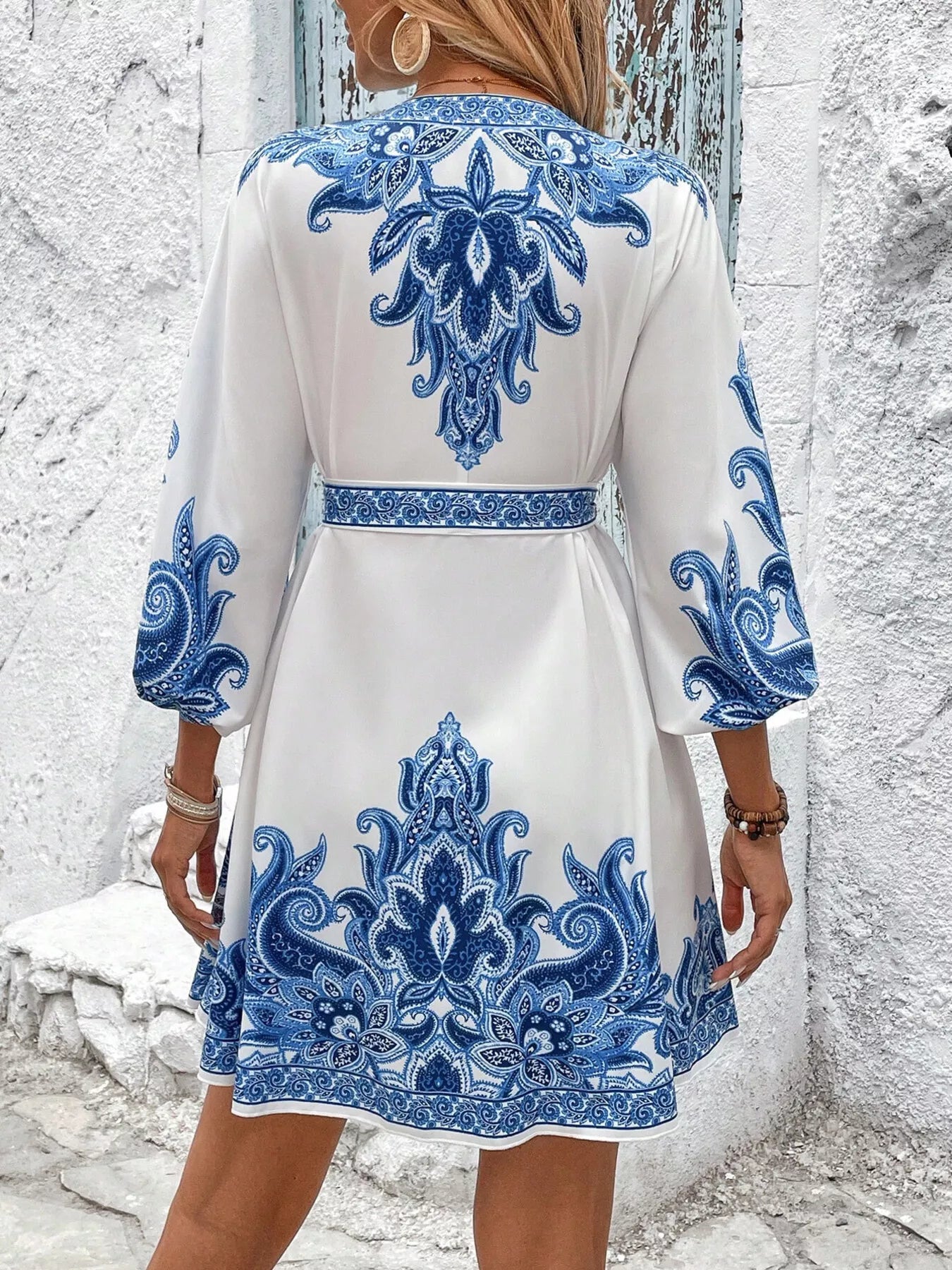 Model wearing blue printed balloon sleeve Timeless Grace Mini Dress