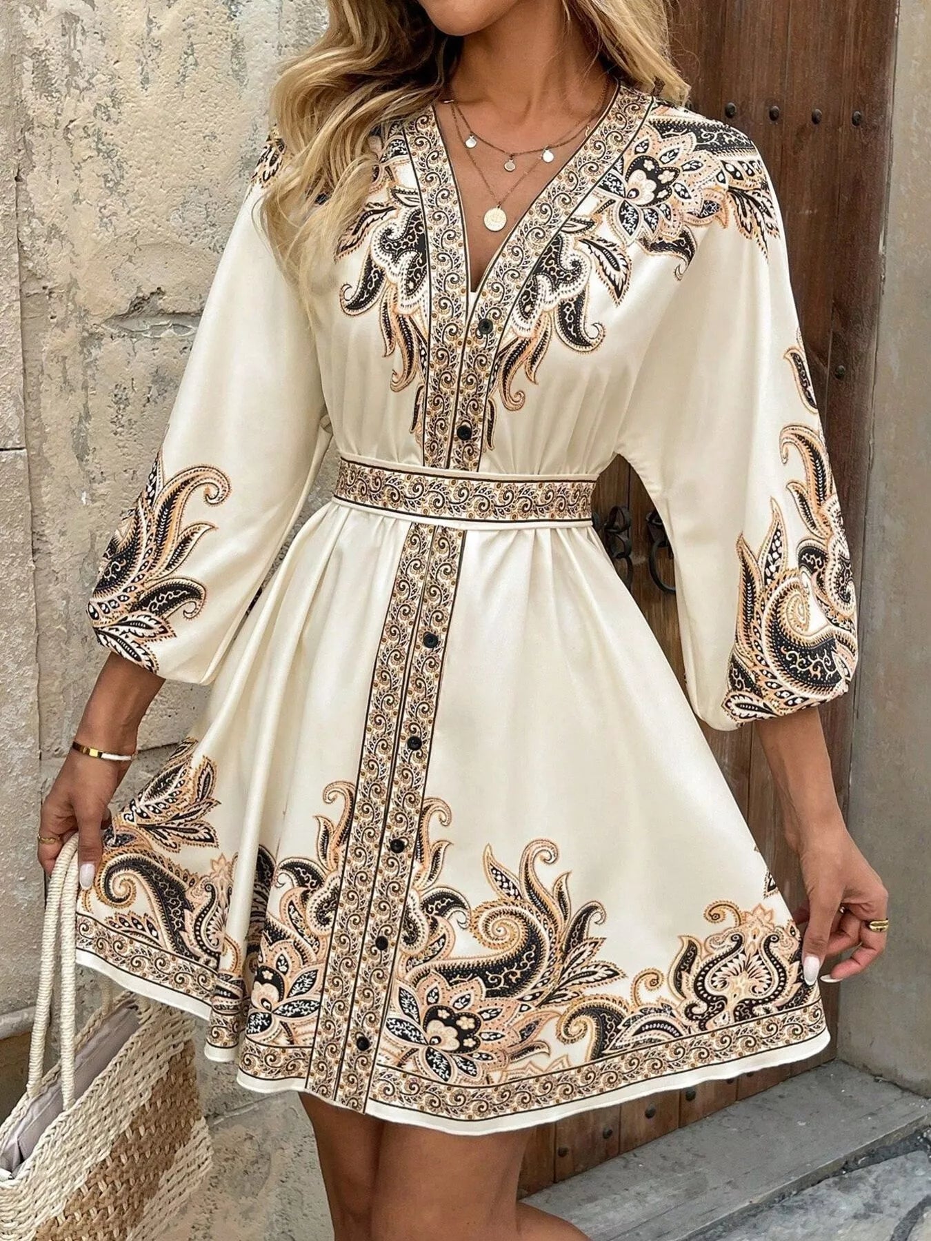 Model wearing cream printed balloon sleeve Timeless Grace Mini Dress