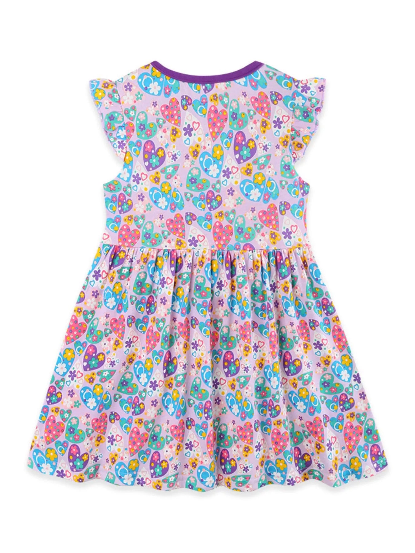 Girls cotton dress with colorful paisley floral print, purple trim, flutter sleeves, and heart-shaped front pockets.