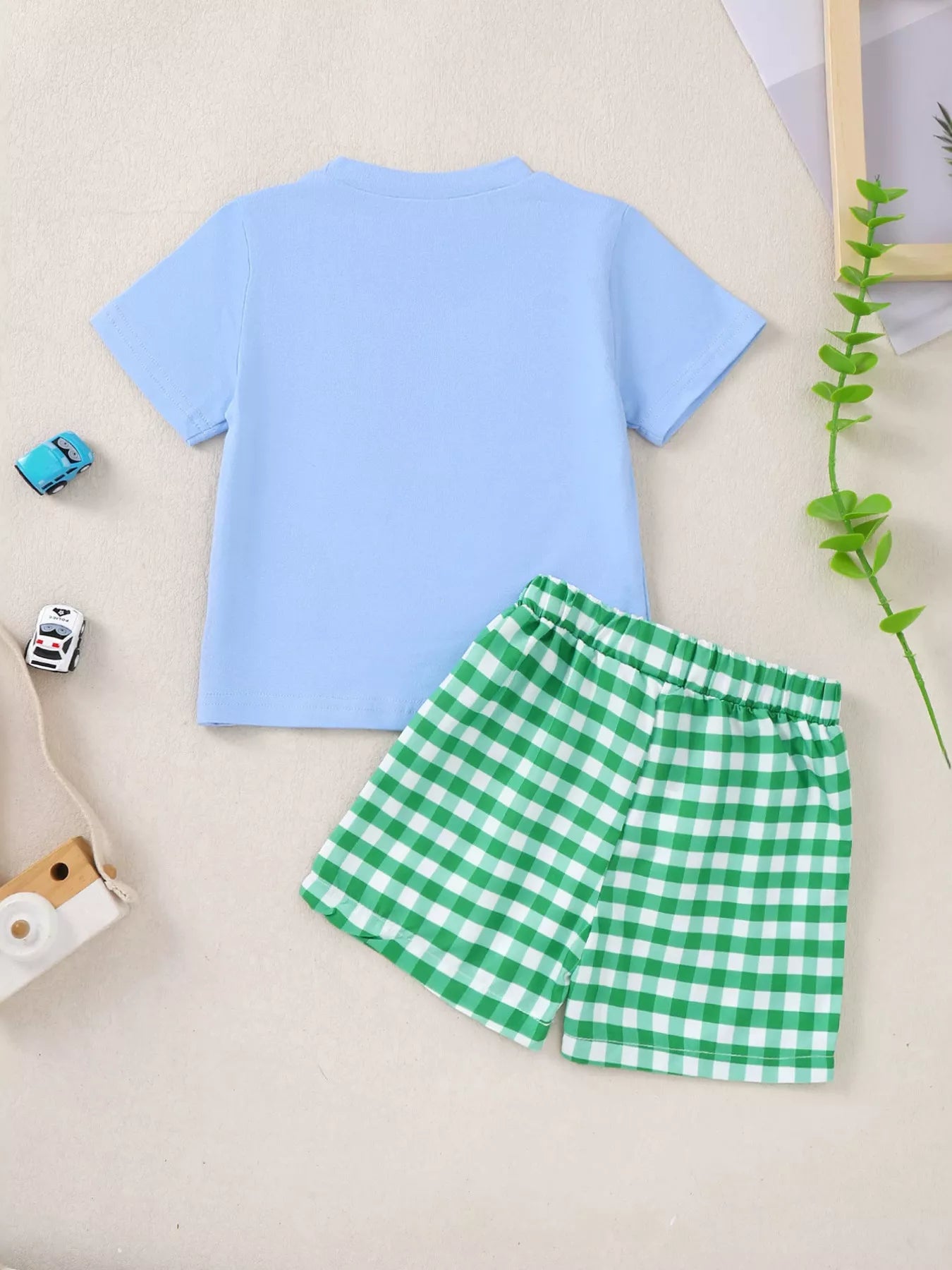 Two-piece baby outfit with blue turtle appliqué T-shirt and green gingham shorts made from a soft cotton-blend fabric.
