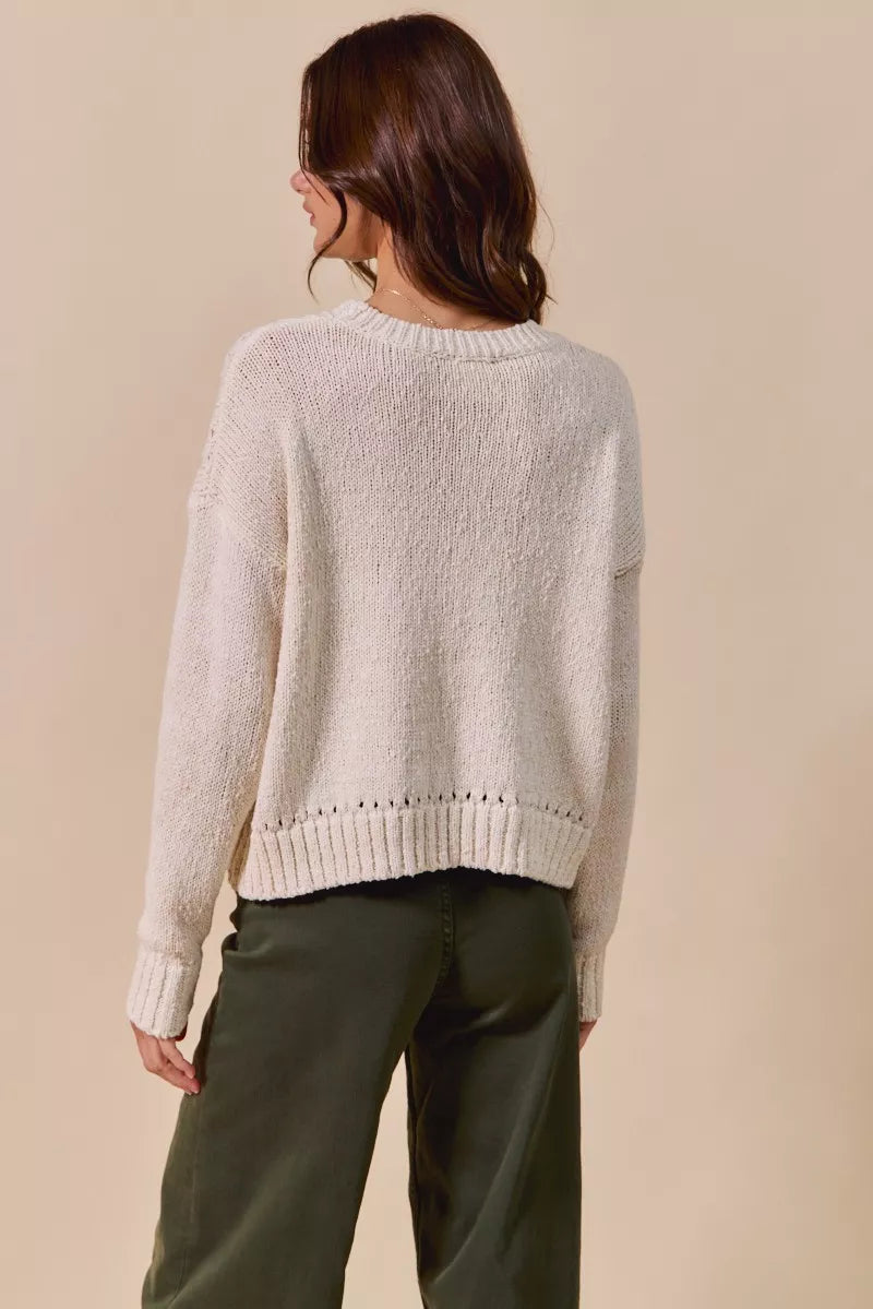 Tomato Vine Sweater – whimsical knit with red tomato design, round neck, ribbed cuffs, and eyelet details.