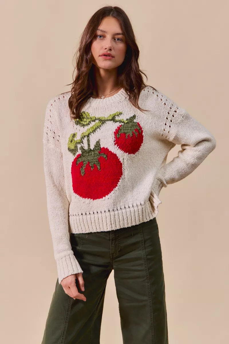 Tomato Vine Sweater – whimsical knit with red tomato design, round neck, ribbed cuffs, and eyelet details.