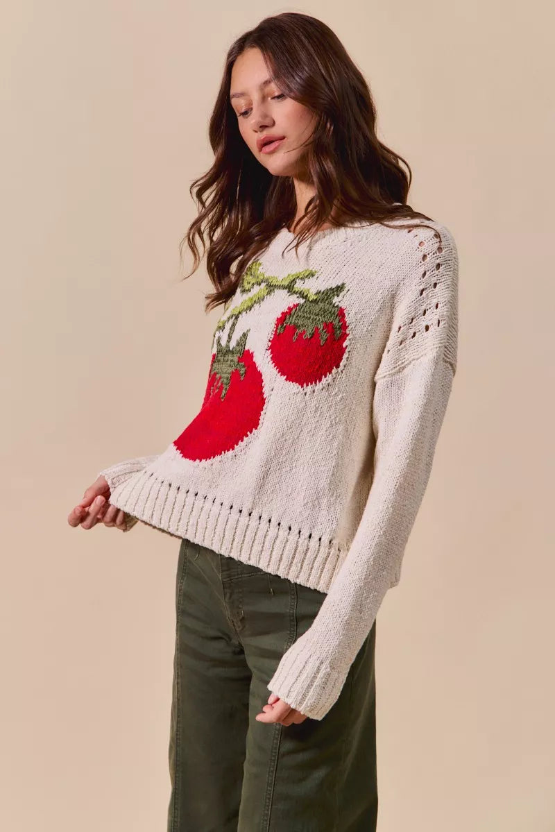 Tomato Vine Sweater – whimsical knit with red tomato design, round neck, ribbed cuffs, and eyelet details.