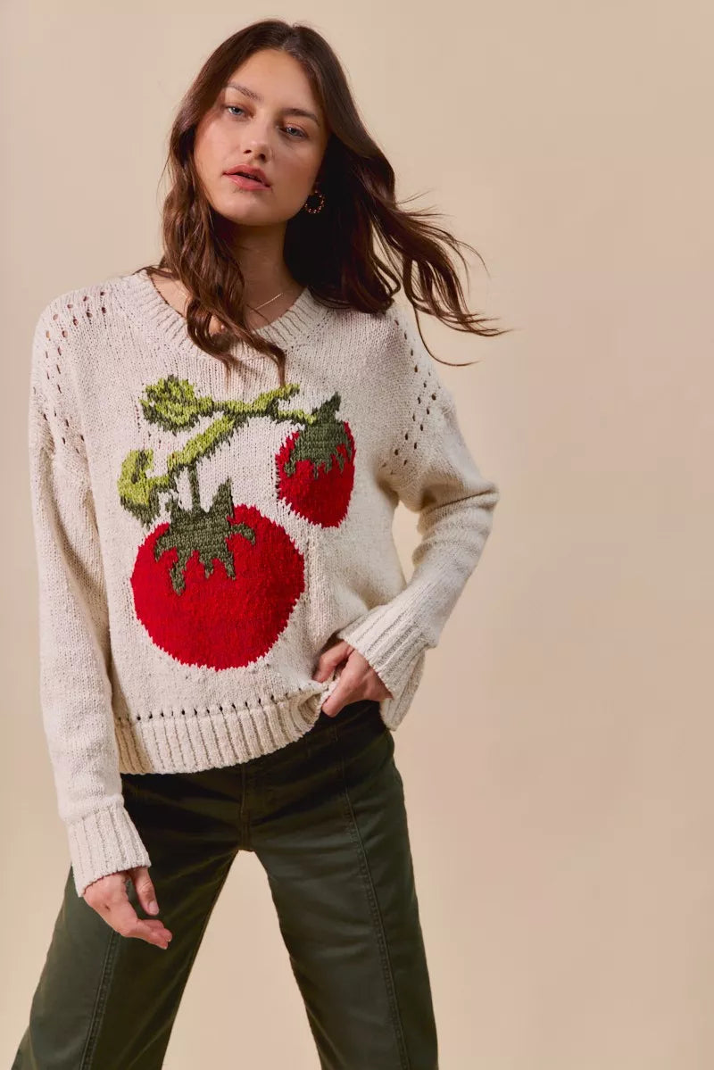 Tomato Vine Sweater – whimsical knit with red tomato design, round neck, ribbed cuffs, and eyelet details.