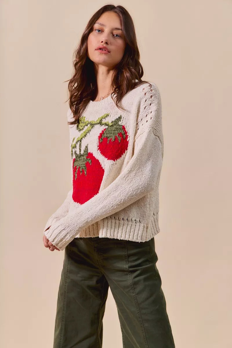 Tomato Vine Sweater – whimsical knit with red tomato design, round neck, ribbed cuffs, and eyelet details.