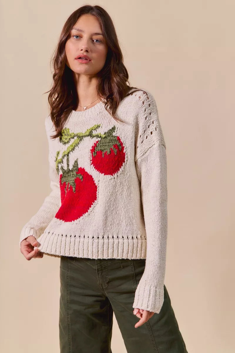 Tomato Vine Sweater – whimsical knit with red tomato design, round neck, ribbed cuffs, and eyelet details.