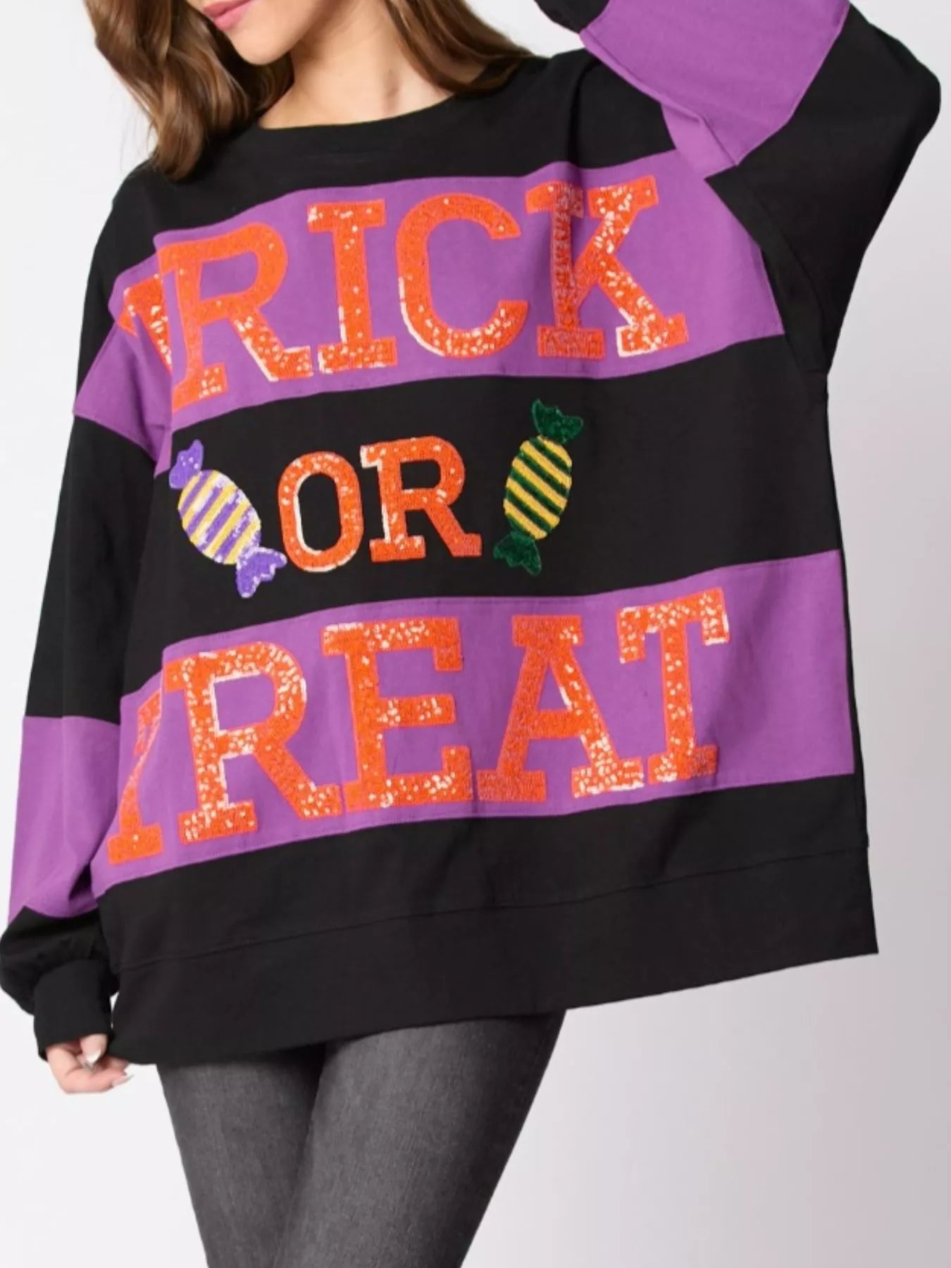 Black Trick or Treat Sparkle Sweatshirt with Sequin Candy Accents