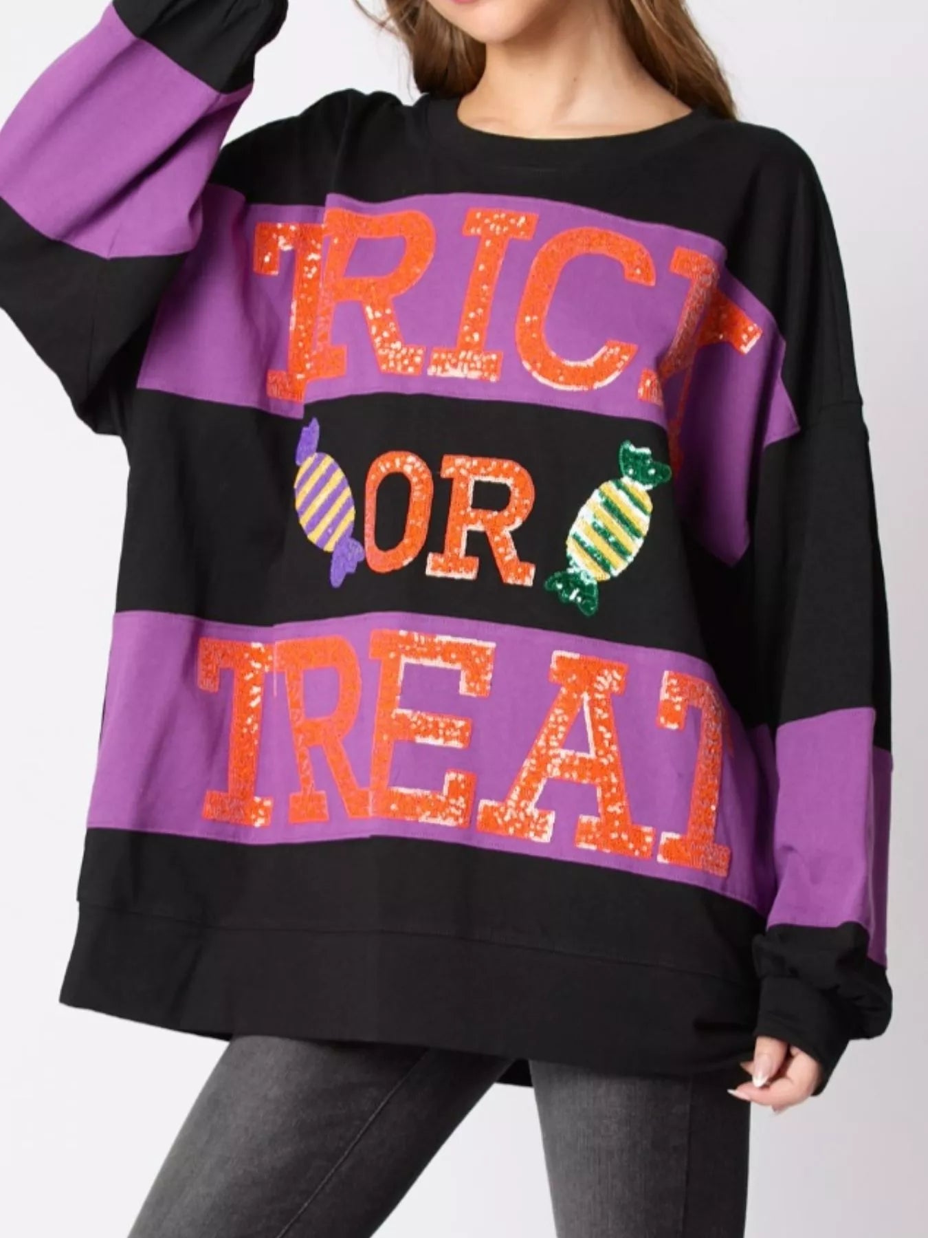 Black Trick or Treat Sparkle Sweatshirt with Sequin Candy Accents