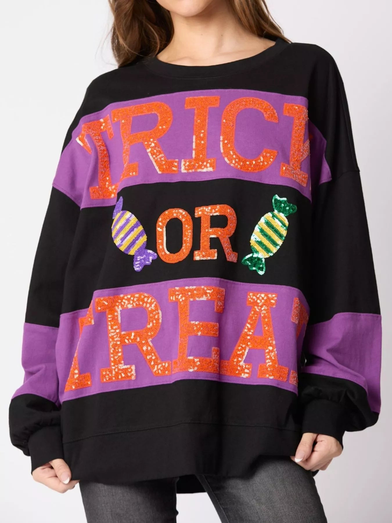 Black Trick or Treat Sparkle Sweatshirt with Sequin Candy Accents